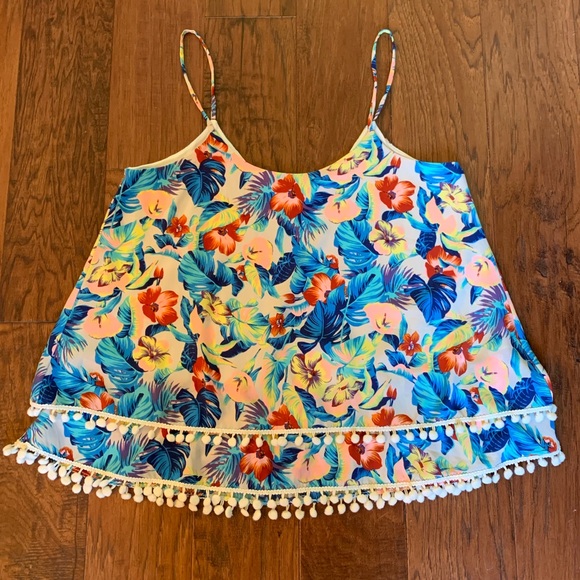 MM MM MM Tropical Print Tank Top with Pom Pom Trim - Picture 3 of 5